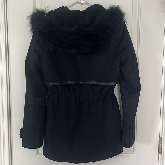 Maje Gamaso Parka Coat Fur Hood Leather Trim Midnight Blue - Picture 3 of 4